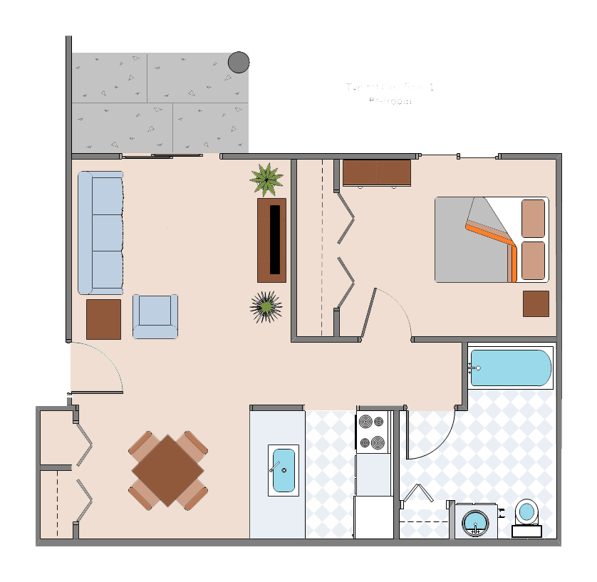 Floor plan for 1 bed, 1 bath, 632 sqft